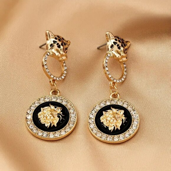 NEW! ELEGANT Leopard & LION HEAD DROP EARRING - Picture 2 of 6